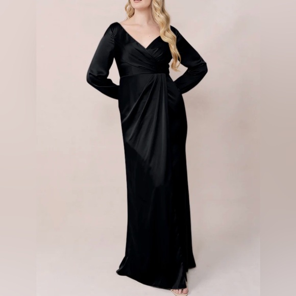 Revelry-Vera satin v-neck Classic Elegant faux wrap black satin